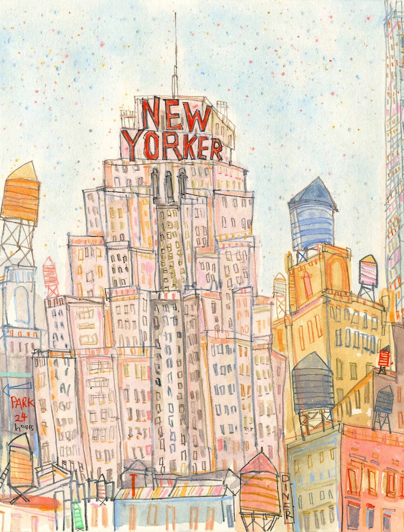 May include: A watercolor painting of a cityscape with tall buildings, including one with the words "NEW YORKER" on the side. The buildings are painted in shades of pink, yellow, and blue, with a light blue sky in the background.
