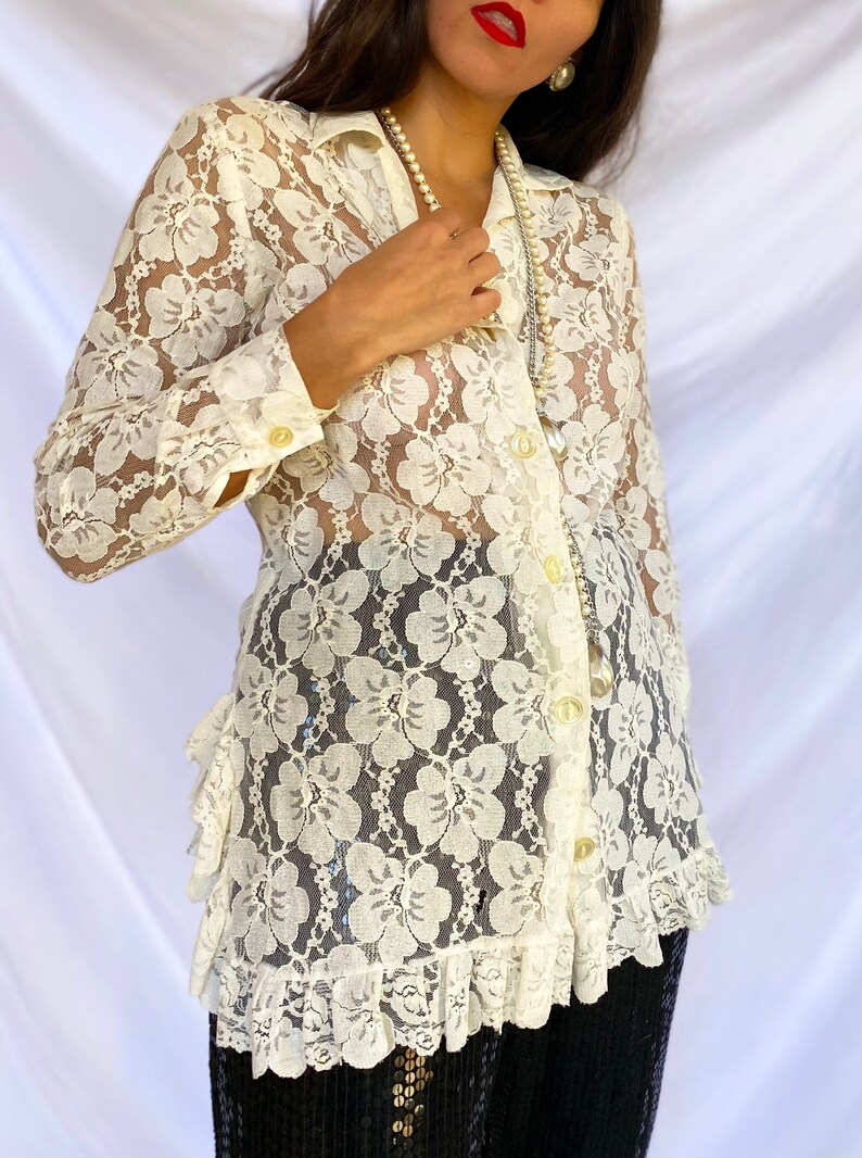 VINTAGE 70/'S Delicate Things Lace Ruffle Blouse