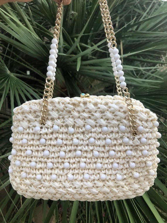 VINTAGE 60'S "Summer Snowfall" Raffia Bag - image 1