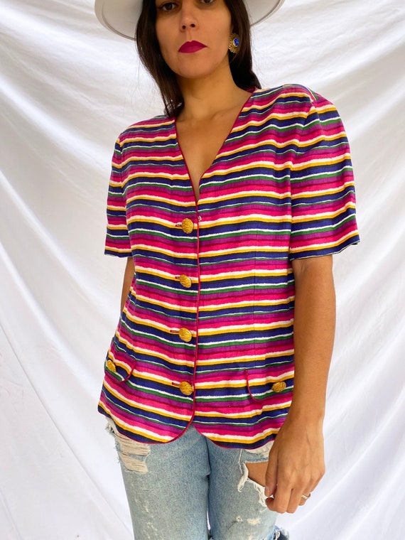 VINTAGE 80’S “Live In Color” Stripe Linen Blazer