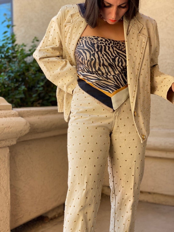 Hey The Stud - 80’S Cream Denim Gold Studded Jacke