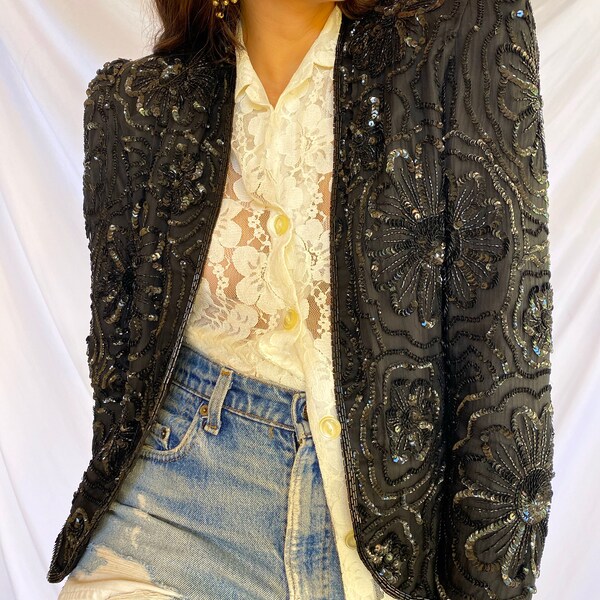 Vintage 80s Sequin Jacket Black 10 12