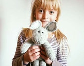 White and gray playfull bunny VALENTINO - light and cuddly knitted soft toy from fine blend yarn with furry mohair ears and paws