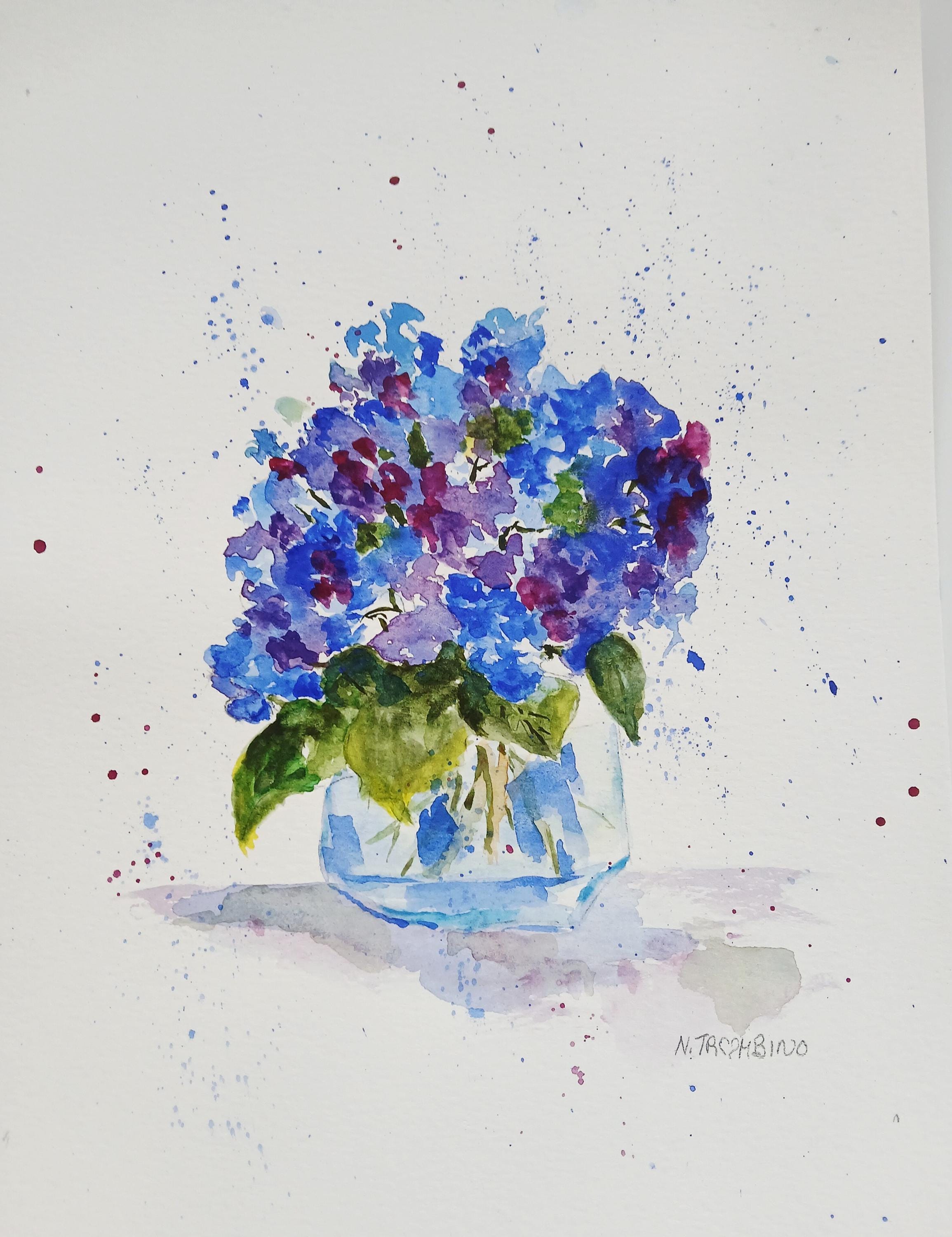 Blue and Purple Hydrangea in Glass, Loose Original Watercolor Painting ...
