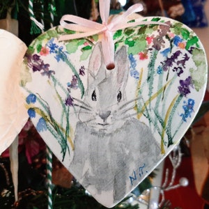 Rabbit Hand Painted on Heart Ornament, Original Handmade Sculpture, Original Watercolor Paints