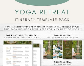 Yoga Retreat Planning Itinerary Template Pack for Print, Website and Social Media | Yoga Retreat Promotion Instagram Post, Reel and Story
