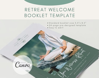 May include: A stack of white booklets with a green and white cover design. The cover reads "Retreat Welcome Booklet Template" and "Your Wellness Retreat." The booklet size is 5.5" x 8.5" and is a 24-page pre-designed template. Made in Canva.