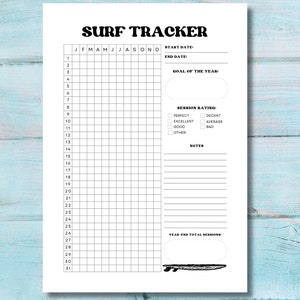May include: A white Surf Tracker journal page with a grid for tracking surf sessions. The title "SURF TRACKER" is at the top. Includes sections for start and end dates, goals, session ratings, notes, and year-end totals. A surfboard graphic is at the bottom.