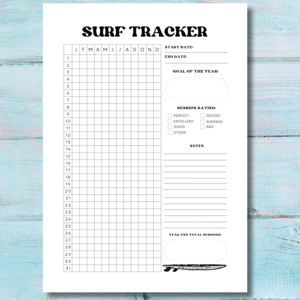 Surf Session Tracker Printable Sheet | Yearly Surf Tracker | Yearly Surf Logbook | Bullet Surf Journal | Instant Download | Surf Log