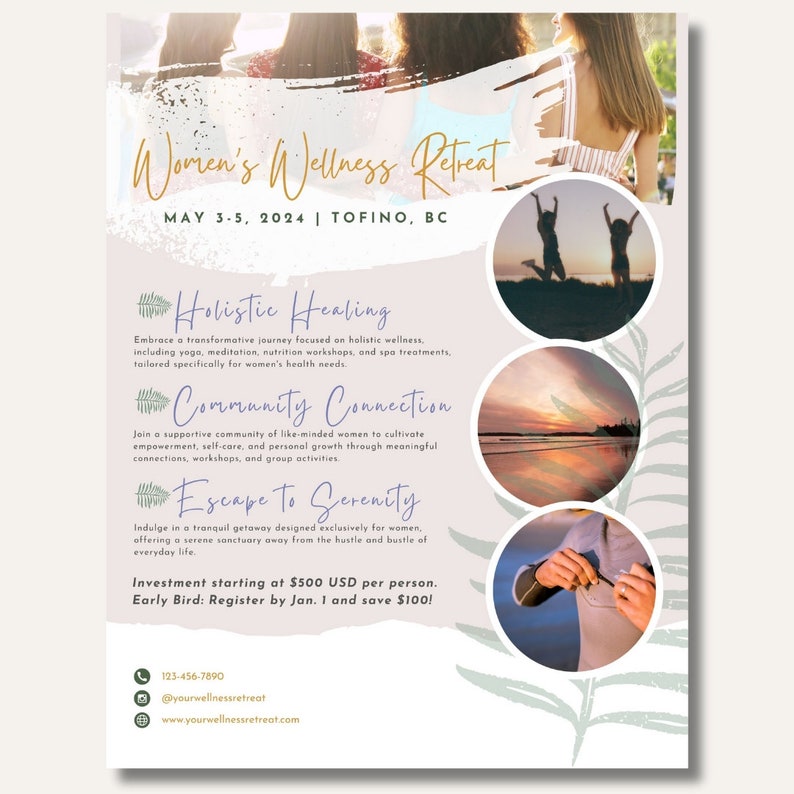 May include: A promotional poster for a Women's Wellness Retreat in Tofino, BC, from May 3-5, 2024. The poster features text about holistic healing, community connection, and escape to serenity. Includes images of women, a sunset, and a person holding a pen.