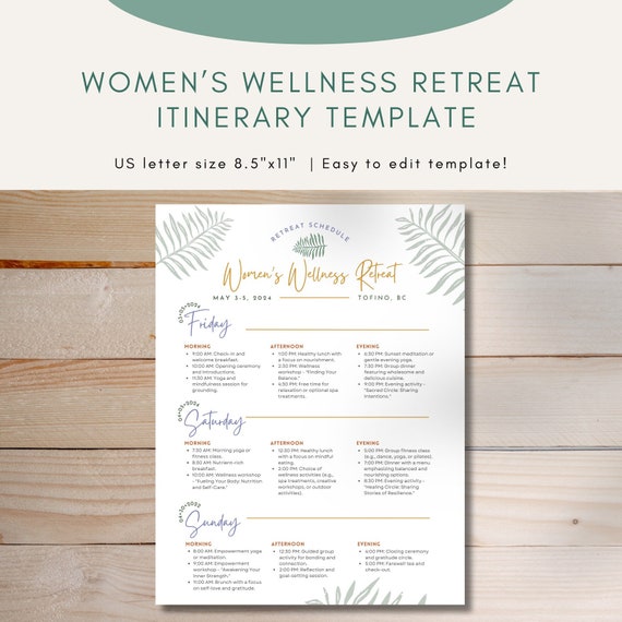 Women's Wellness Retreat Itinerary Template | Three-Day Retreat Schedule | Editable Download | Weekend Workshop Schedule | Retreat Planning