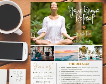Yoga retraite flyer-sjabloon | Meditatie Wellness Retreat promotie-poster | Tabloid- en letterformaat | Direct downloaden | Yoga-workshop