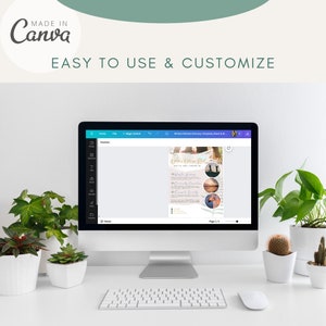 May include: A computer monitor displays a template with the text "Writer's Retreat Itinerary". The screen is surrounded by plants in white pots, a white keyboard, and a mouse. The Canva logo and the text "Easy to Use & Customize" are visible.