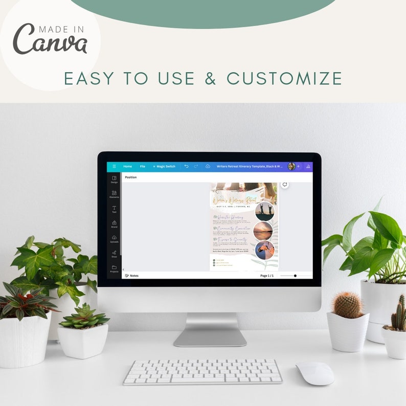May include: A computer monitor displays a template with the text "Writer's Retreat Itinerary". The screen is surrounded by plants in white pots, a white keyboard, and a mouse. The Canva logo and the text "Easy to Use & Customize" are visible.