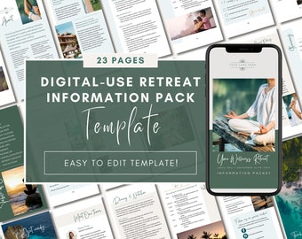 May include: A digital-use retreat information pack template with 23 pages. The design includes a smartphone mockup with a wellness retreat image, and various pages with text and images. The template is easy to edit.