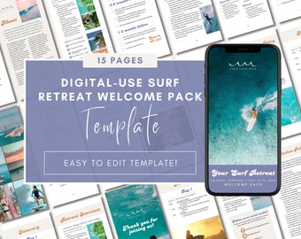 May include: A digital-use surf retreat welcome pack template with 15 pages. The template includes a phone mockup with a surfer in the ocean. The text includes "Digital-Use Surf Retreat Welcome Pack Template" and "Easy to edit template!"