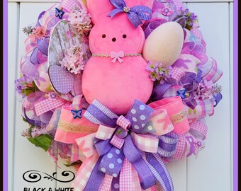 Pink Easter Bunny Wreath for Front Door, Easter Wreath, Spring Bunny Wreath, Easter Celebration Decoration for Front Door, Easter Egg Wreath