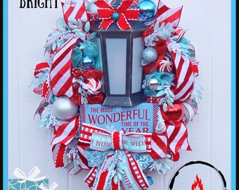 Trendy Christmas Wreath, Red and Teal Christmas Lantern Wreath, Light Up Christmas Lantern Wreath, Its the Most Wonderful Time of the Year