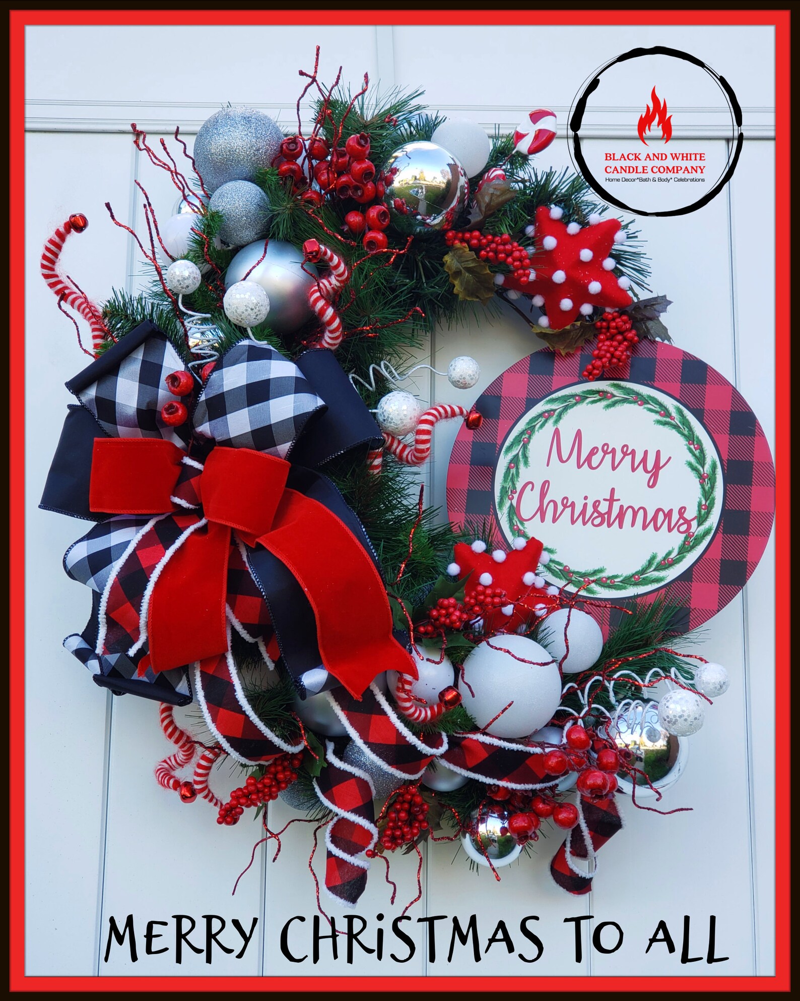 Red and Black Buffalo Plaid Christmas Wreath, Red Buffalo Plaid