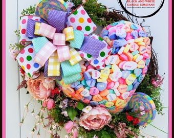 Sweetheart Candy Wreath for Front Door, Conversation Hearts Wreath, Valentine Wreath, Valentine Decorations, Farmhouse Heart Wreath