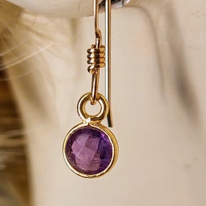May include: A pair of gold earrings with a small purple amethyst gemstone. The earrings are simple and elegant.