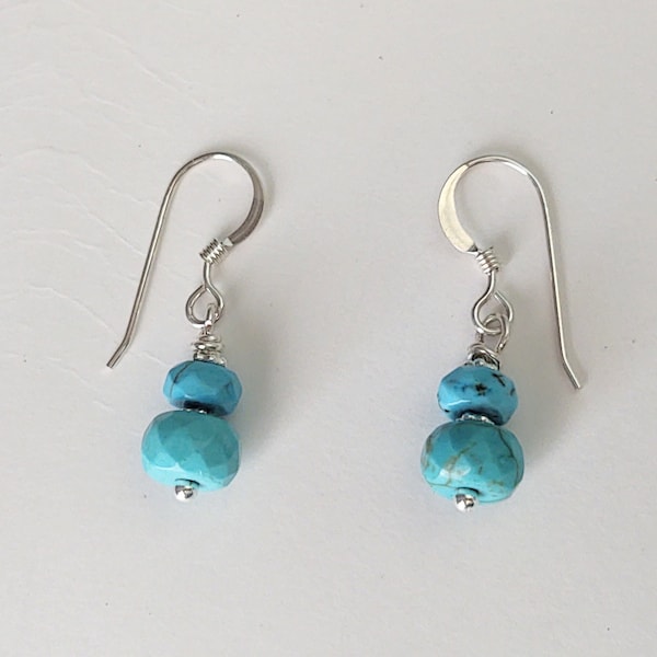 Turquoise Bead Earrings, Sterling Silver, Blue Turquoise, Handmade Small Dainty Turquoise Earring, Real Turquoise, Handmade Gift, Cheap Gift