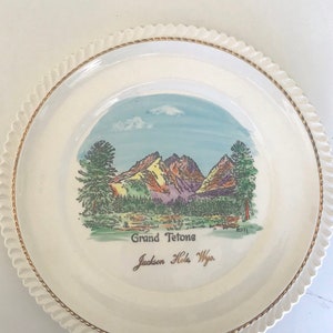 Grand Teton Collectible, Vintage 10&quot; Gold Detail Hand Painted Collectors Plate, Jackson Hole Souvenir Wall Art Artist Signed Limited Edition