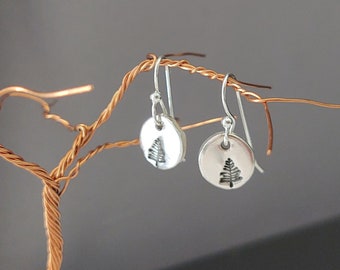 Tree Earrings, Small Minimalist Sterling Silver Dangle Earrings, Handmade Pine Tree Artist Inspired, Lifestyle Western Earrings, Dangle