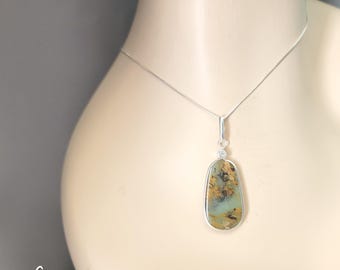 Peruvian Opal Sterling Silver Necklace, Artist Handmade Pendant Necklaces, Natural Blue and Green Peruvian Opal Jewelry October Birthstone