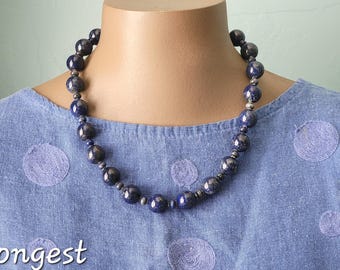 Lapis Bead Necklace,  925 Sterling Silver Handmade Natural Lapis Lazuli Round Beaded Statement Blue   Large Round Beads