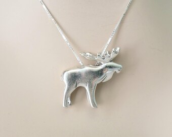 Moose Necklace, 925 Sterling Silver Animal Charm, 3D Silver Moose Pendant, Cute Deer Pendant Gift, Moose Nature Jewelry, Chain Included