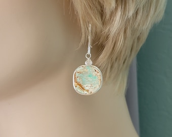 Variscite Handmade Sterling Silver Dangle Green Earrings, Lucin, Nevada Variscite Modern Fashion Statement, Everyday Turquoise