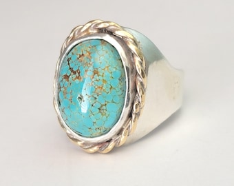 Turquoise Ring, 925 Sterling Silver, Bluegreen With Gold Filled Detail, Handmade Artist Tapered Ring, Nevada Natural Turquoise Size 10