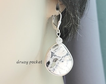 White Buffalo Turquoise Earrings, 925 Sterling Silver Artist Designed Turquoise Designer Handmade Statement Dangles