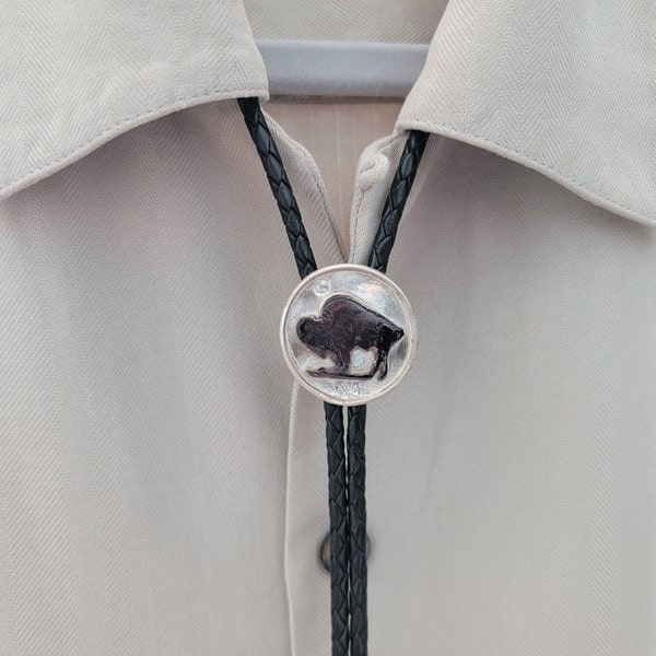 Bison Bolo Tie, Handmade Sterling Silver Bolo, Lariat Necklace, Genuine 4 Strand Steer Black Leather Cord, Silver Tips, Gift for Boyfriend