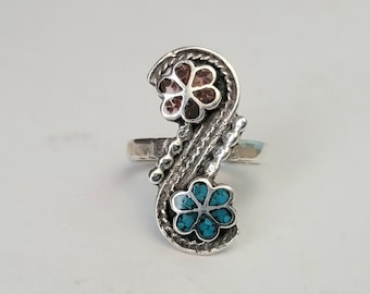 Turquoise Coral Ring, Sterling Silver Coral and Turquoise Inlay Size 7, Handmade Ring, Antique Inlay Ring, Flower Western Vintage Ring
