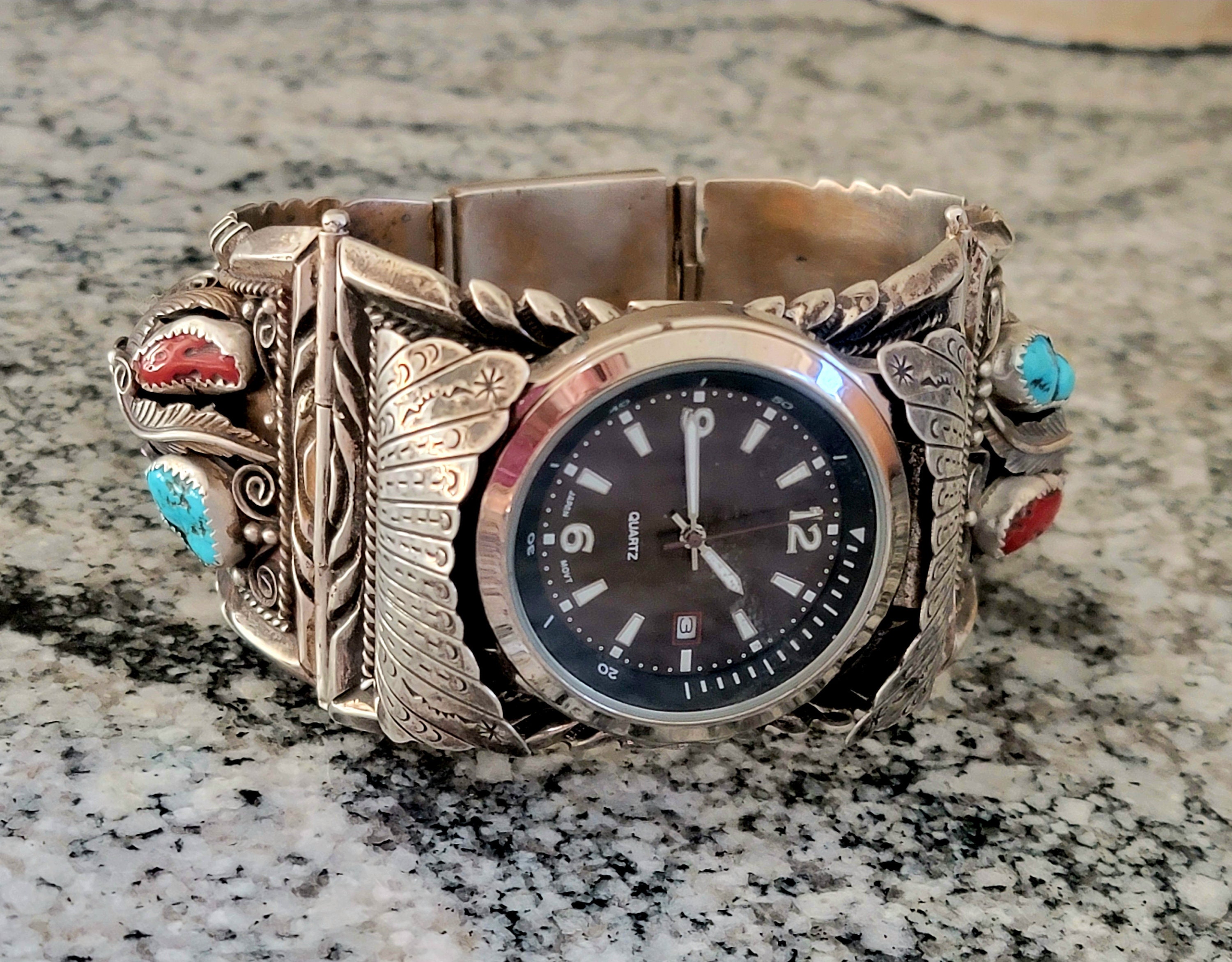 Sterling Watch Bracelet, Elaborate Vintage Navajo Bear Claws