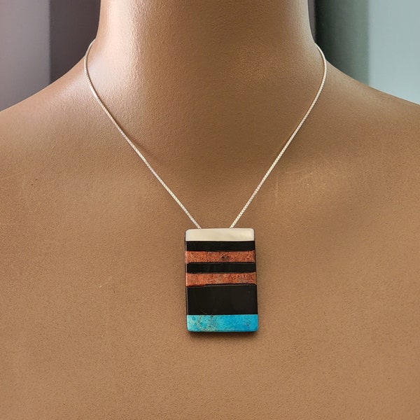 Large Handmade Natural Stone Inlay Necklace, Natural Original Inlay Ring, Western Statement Necklace, Turquoise, Coral, Sugalite, Black Jet