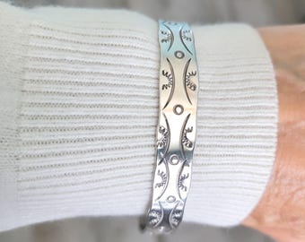 Silver Cuff Bracelet, Handmade Artist Cuff bracelet, South Western Stamped Sterling Stackable Bracelet, 925 Cuff Bracelet for Guy or Gal,