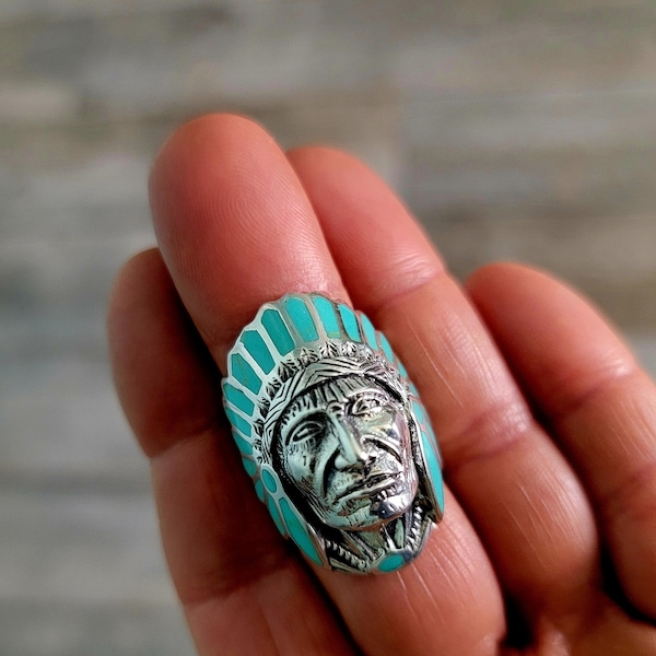 Turquoise Inlay Ring, Sterling Silver, Turquoise Statement Ring, Inlay Ring, Big Turquoise Ring, Western Ring, Indian Head Ring, Chief Head