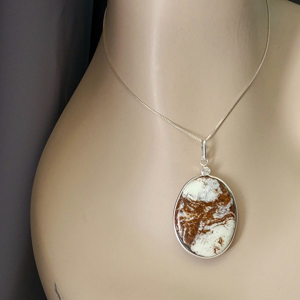 Natural Jasper Necklace, Handmade Big Stone Pendant, Sterling Silver, Natural Biggs Jasper, Big Wild Horse Jasper Pendant,  Stone Necklace