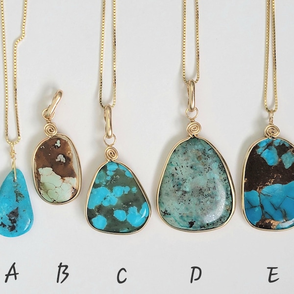 Collares con colgante de oro y turquesa azul verdoso hechos a mano, originarios de Nevada y Arizona, cadena incluida.