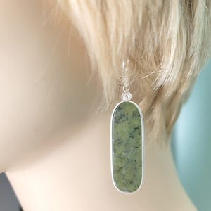 Jade Earrings Sterling Silver Artist Detail Wyoming Jade Handmade Natural USA Stone Statement Dangles Lucky Dark Green Oval Teardrop Shape