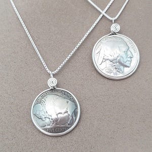 Buffalo Head Nickel Necklace Sterling Silver Artist Detailed Old Western Jewelry, Real Bison or Chief Coin Pendant USA Vintage Domed Coin