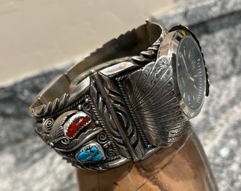 Sterling Watch Bracelet, Elaborate Vintage Navajo Bear Claws Sterling Watch Bracelet, Elaborate Vintage Navajo Bear Claws