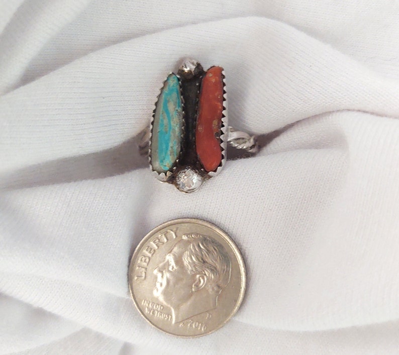 Turquoise Coral Ring Designer Inspired Inlay Ring Natural Red Coral and Turquoise Handmade Ring Cool Western Ring Sterling Silver Gifts
