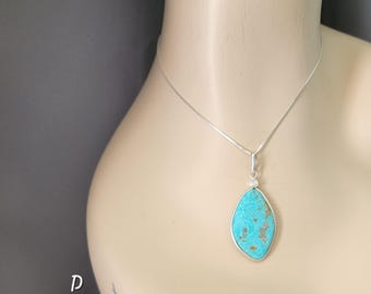 Turquoise 925 Sterling Silver Pendants, Nevada Arizona Natural Stone Handmade Statement, Chain Included