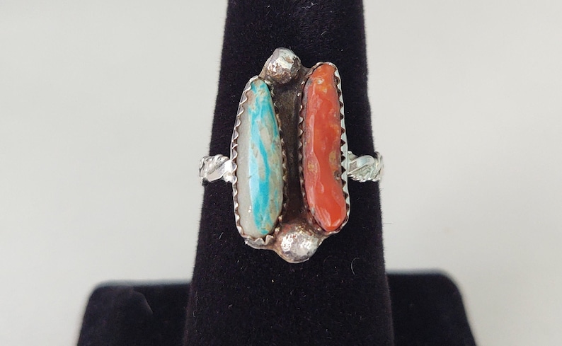 Turquoise Coral Ring Designer Inspired Inlay Ring Natural Red Coral and Turquoise Handmade Ring Cool Western Ring Sterling Silver Gifts