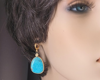 Turquoise Earrings, Gold Handmade Natural Turquoise Dangle Earrings, Western Style Artist inspired Economical Statement