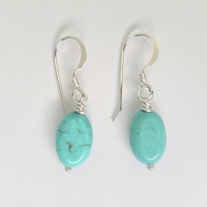 Turquoise Dangle Earrings, Handmade Southwestern Turquoise Petite Small Sterling Silver Oval Bead Economical Simple Blue Green Turquoise